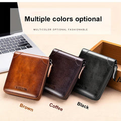 RFID Blocking Bifold Zipper Wallet Top Layer Cowhide ID Credit Card Coin Bag