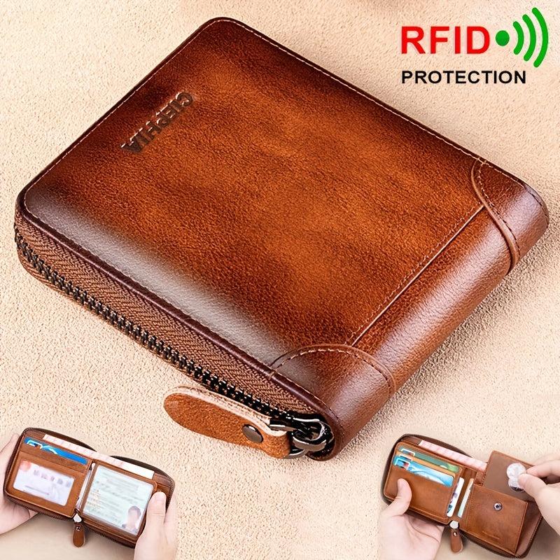 RFID Blocking Bifold Zipper Wallet Top Layer Cowhide ID Credit Card Coin Bag