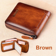 RFID Blocking Bifold Zipper Wallet Top Layer Cowhide ID Credit Card Coin Bag