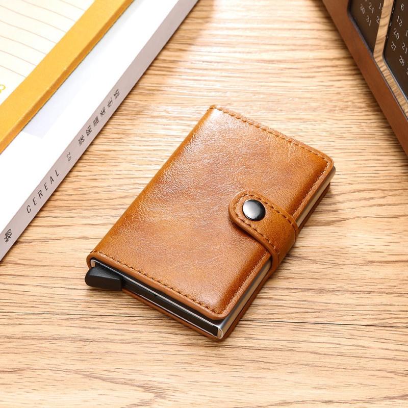 PU Aluminum Alloy Card Holder RFID Mini Wallet with Automatic Card Outlet