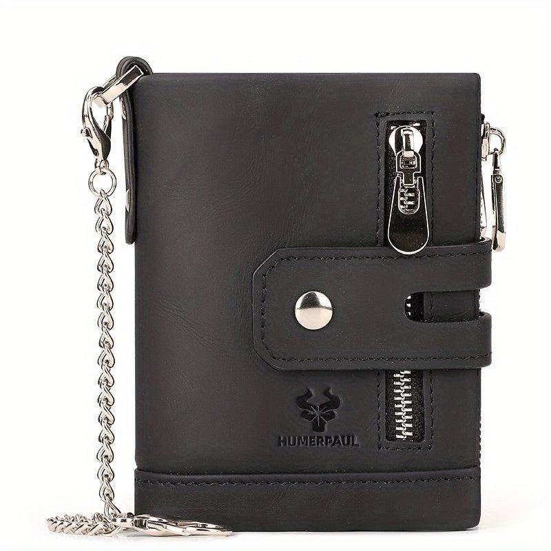 Cowhide Leather Men's Wallet Coin Purse RFID Small Card Holder Chain Hasp