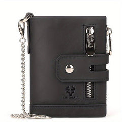 Cowhide Leather Men's Wallet Coin Purse RFID Small Card Holder Chain Hasp