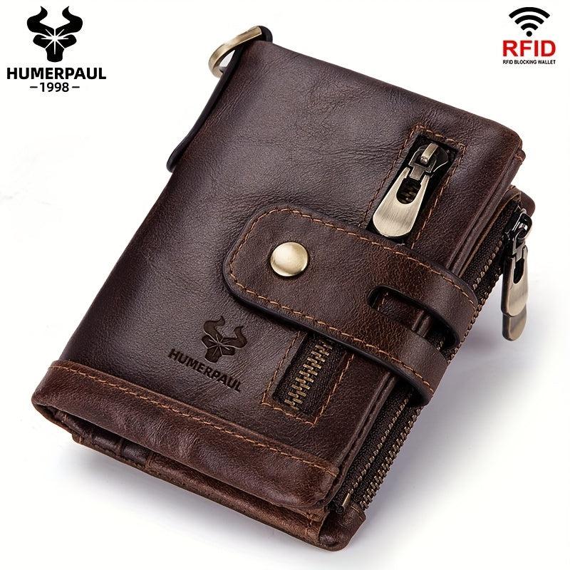 Cowhide Leather Men's Wallet Coin Purse RFID Small Card Holder Chain Hasp