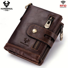 Cowhide Leather Men's Wallet Coin Purse RFID Small Card Holder Chain Hasp