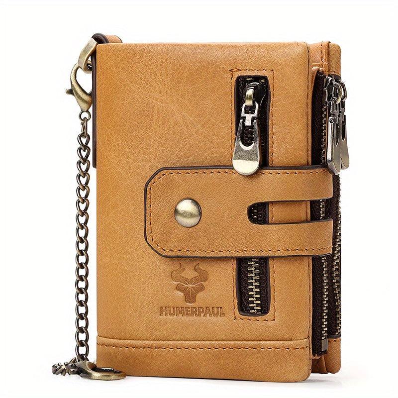 Cowhide Leather Men's Wallet Coin Purse RFID Small Card Holder Chain Hasp