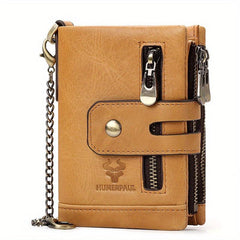 Cowhide Leather Men's Wallet Coin Purse RFID Small Card Holder Chain Hasp