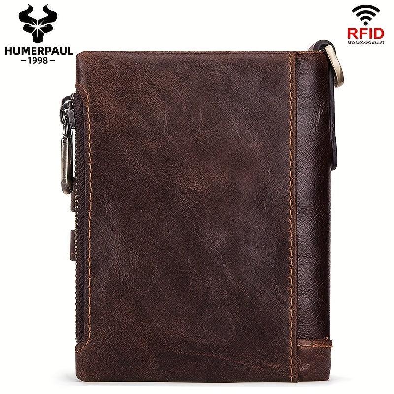 Cowhide Leather Men's Wallet Coin Purse RFID Small Card Holder Chain Hasp