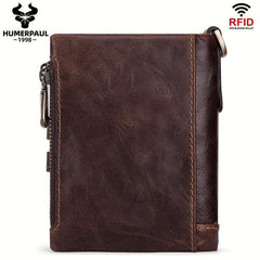 Cowhide Leather Men's Wallet Coin Purse RFID Small Card Holder Chain Hasp