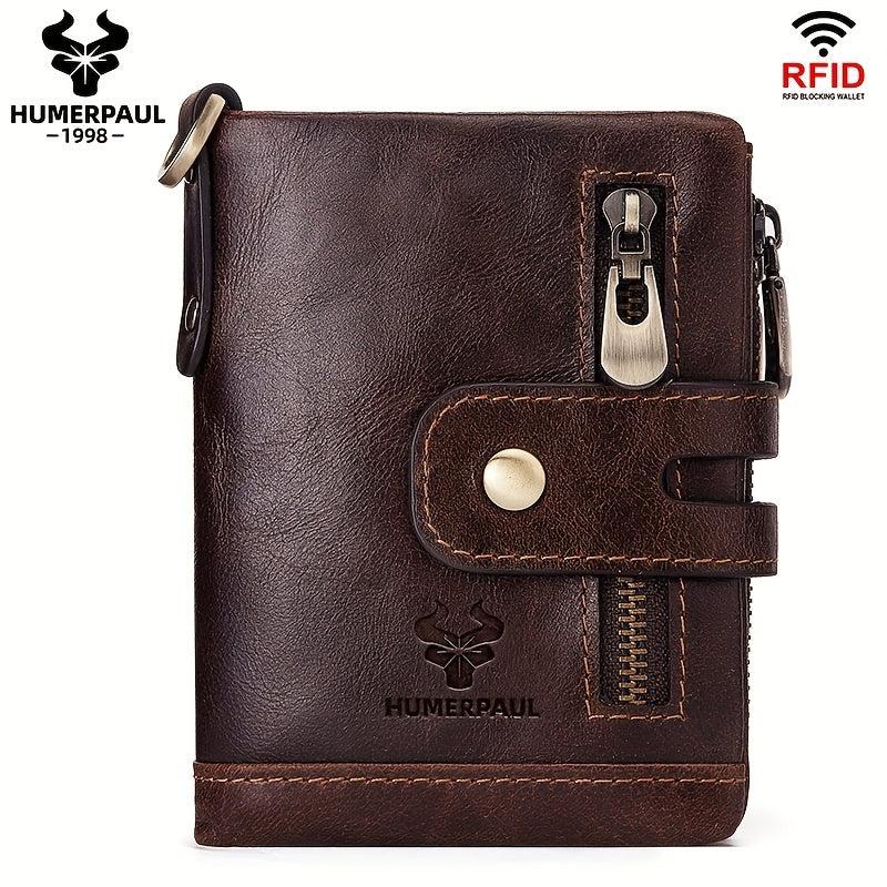 Cowhide Leather Men's Wallet Coin Purse RFID Small Card Holder Chain Hasp