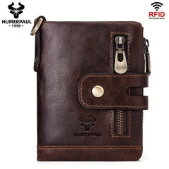 Cowhide Leather Men's Wallet Coin Purse RFID Small Card Holder Chain Hasp