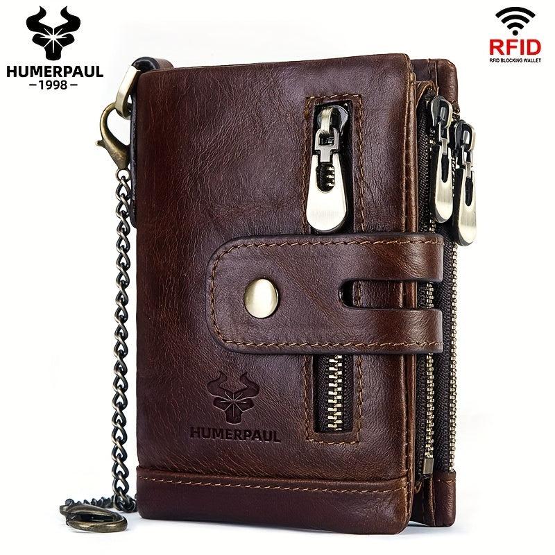 Cowhide Leather Men's Wallet Coin Purse RFID Small Card Holder Chain Hasp
