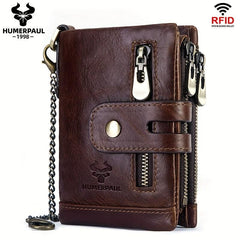 Cowhide Leather Men's Wallet Coin Purse RFID Small Card Holder Chain Hasp