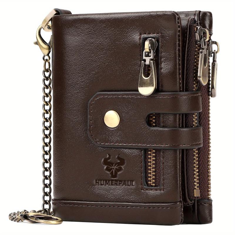 Cowhide Leather Men's Wallet Coin Purse RFID Small Card Holder Chain Hasp
