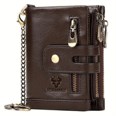 Cowhide Leather Men's Wallet Coin Purse RFID Small Card Holder Chain Hasp