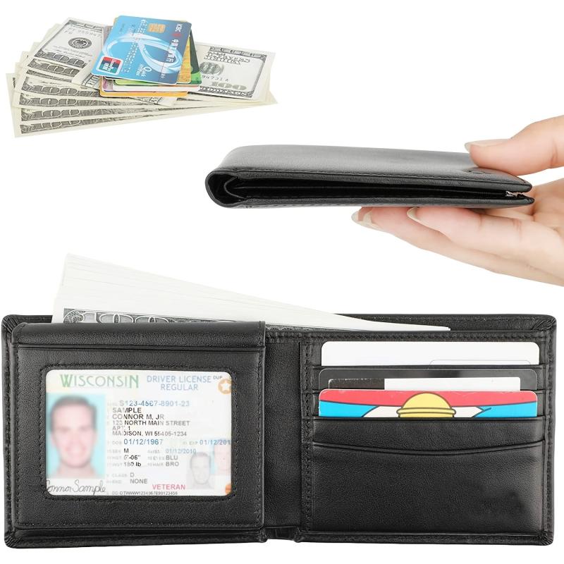 RFID Blocking Cowhide Leather Bifold Wallet For Men With 2 ID Windows