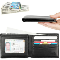 RFID Blocking Cowhide Leather Bifold Wallet For Men With 2 ID Windows