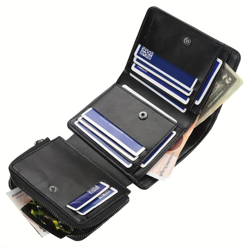 Men's Short Wallet Leather Trifold Zipper Coin Purse Card Holder