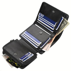 Men's Short Wallet Leather Trifold Zipper Coin Purse Card Holder