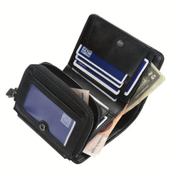 Men's Short Wallet Leather Trifold Zipper Coin Purse Card Holder