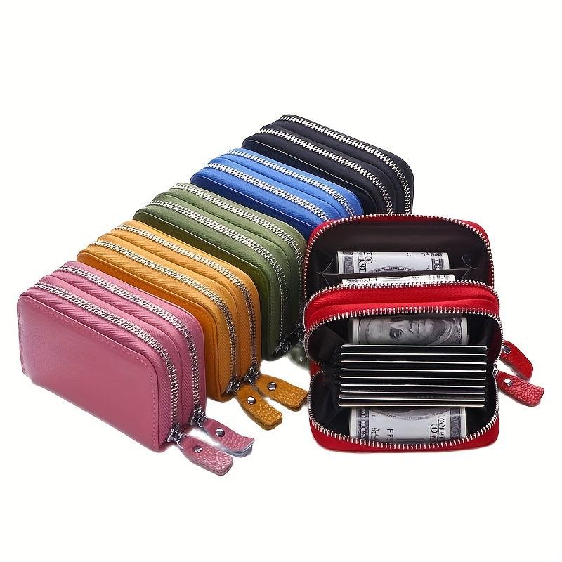 RFID Blocking Double Zipper Leather Card Holder Wallet
