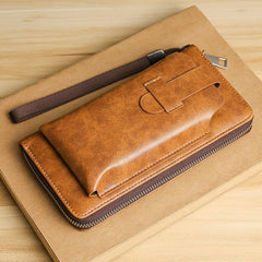 Men's Leather Zipper Handbag Bifold Wallet Clutch Bag Phone Bag