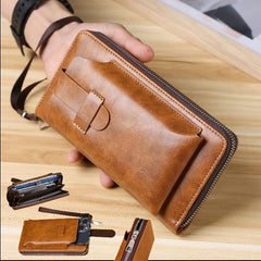 Men's Leather Zipper Handbag Bifold Wallet Clutch Bag Phone Bag