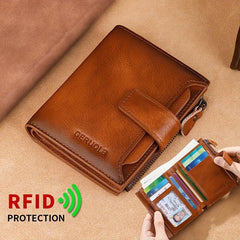 Men's Vintage Leather Card Holder Wallet with Zipper Coin Purse