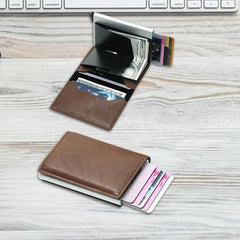 RFID Blocking Aluminum Pop Up Wallet with Leather Pocket
