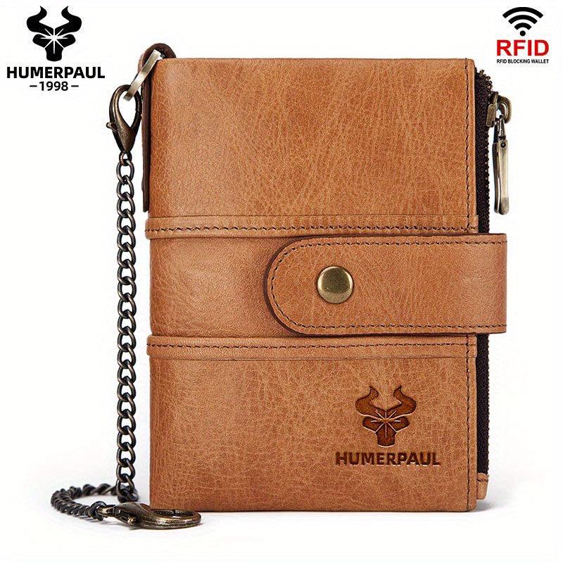 HUMERPAUL Men Wallets Cowhide Coin Purse RFID Card Holder Chain