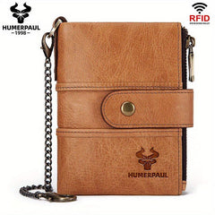 HUMERPAUL Men Wallets Cowhide Coin Purse RFID Card Holder Chain