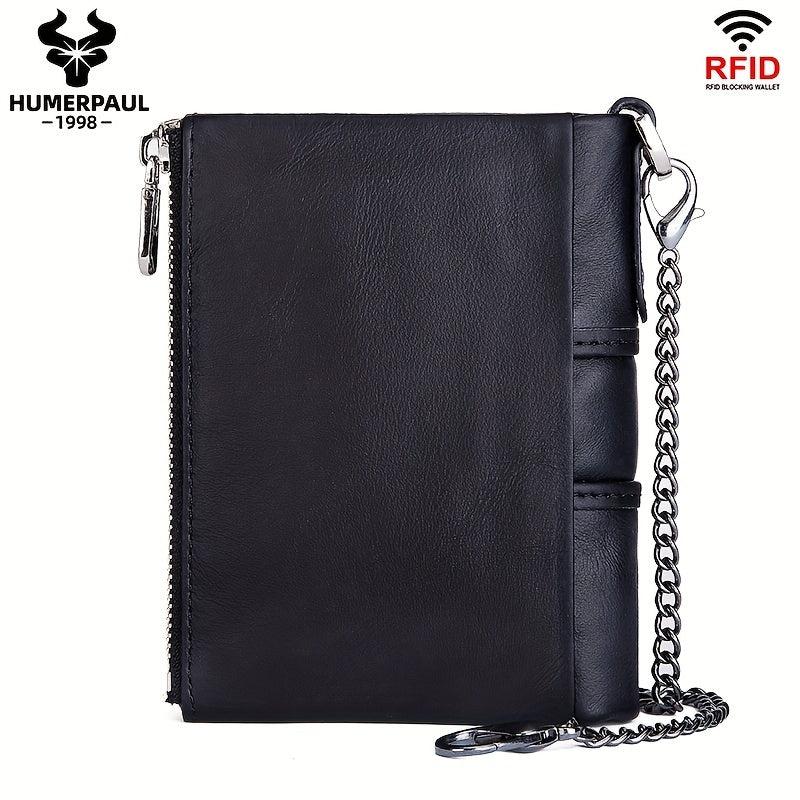 HUMERPAUL Men Wallets Cowhide Coin Purse RFID Card Holder Chain