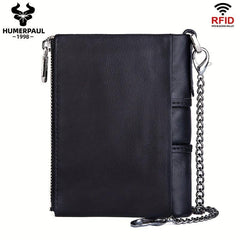 HUMERPAUL Men Wallets Cowhide Coin Purse RFID Card Holder Chain