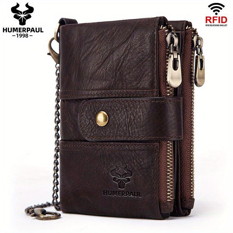 HUMERPAUL Men Wallets Cowhide Coin Purse RFID Card Holder Chain