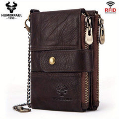 HUMERPAUL Men Wallets Cowhide Coin Purse RFID Card Holder Chain
