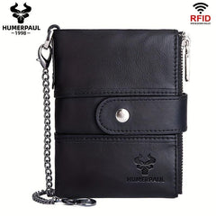 HUMERPAUL Men Wallets Cowhide Coin Purse RFID Card Holder Chain