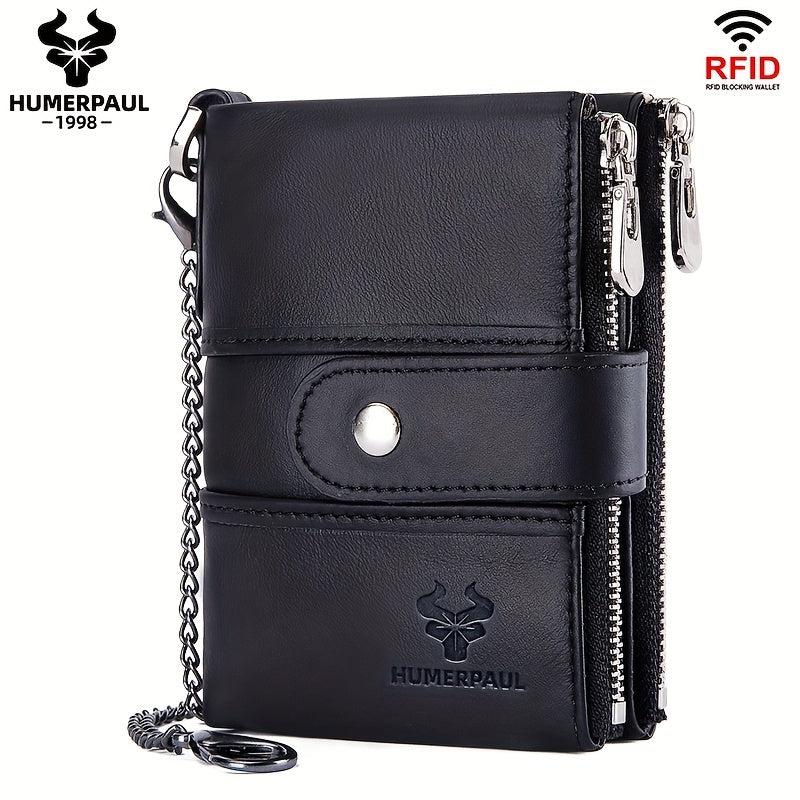 HUMERPAUL Men Wallets Cowhide Coin Purse RFID Card Holder Chain