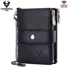 HUMERPAUL Men Wallets Cowhide Coin Purse RFID Card Holder Chain