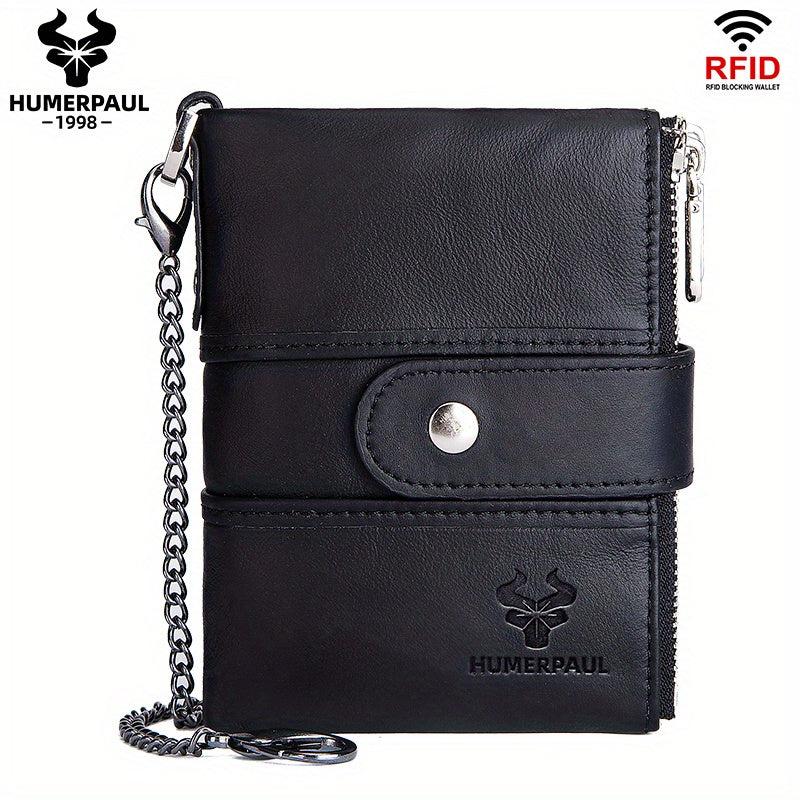 HUMERPAUL Men Wallets Cowhide Coin Purse RFID Card Holder Chain
