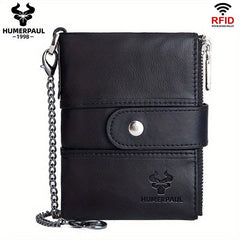 HUMERPAUL Men Wallets Cowhide Coin Purse RFID Card Holder Chain