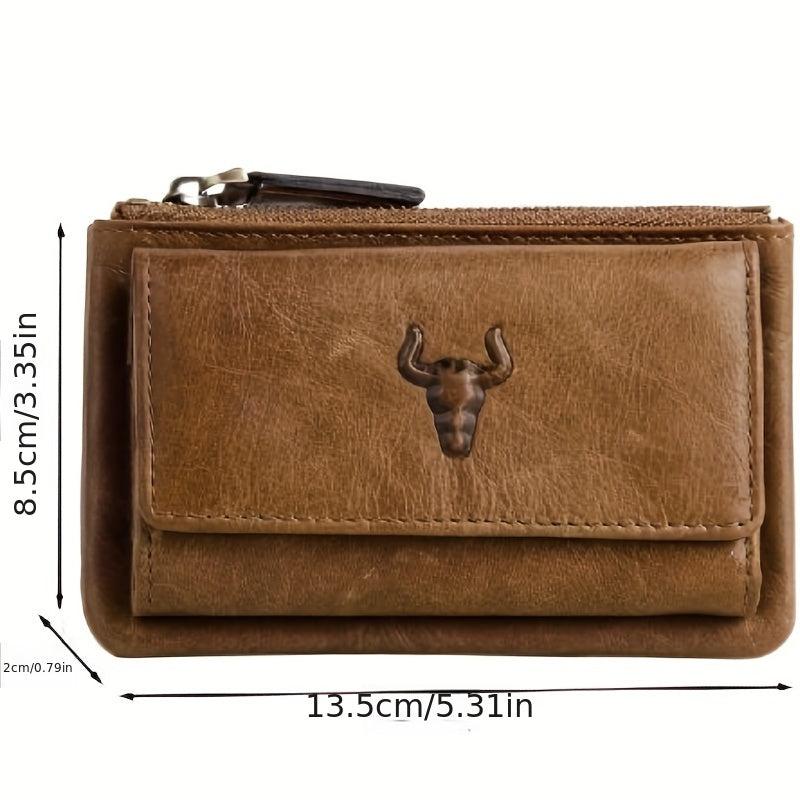 Men's Leather Bull Head Pattern Short Wallet Zipper Button Wallet