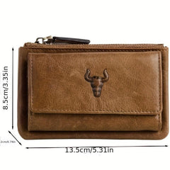 Men's Leather Bull Head Pattern Short Wallet Zipper Button Wallet