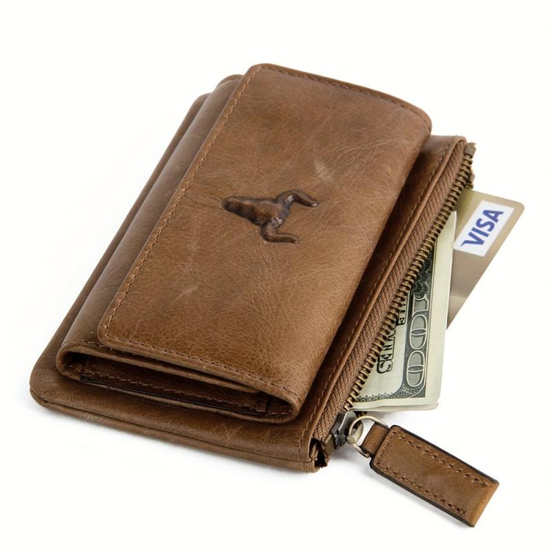 Men's Leather Bull Head Pattern Short Wallet Zipper Button Wallet