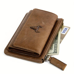 Men's Leather Bull Head Pattern Short Wallet Zipper Button Wallet