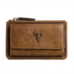 Men's Leather Bull Head Pattern Short Wallet Zipper Button Wallet