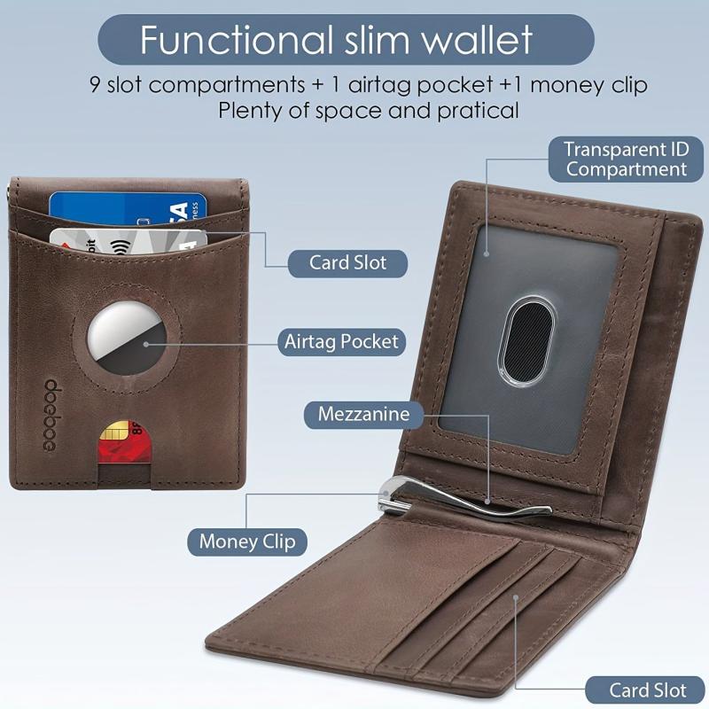 Men's Leather Credit Card Holder Bifold Wallet With Money Clip