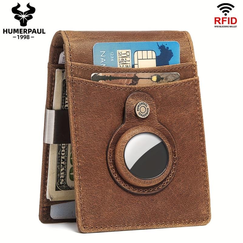 Men's RFID Leather Wallet with Airtag Holder Slim Design