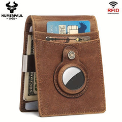 Men's RFID Leather Wallet with Airtag Holder Slim Design