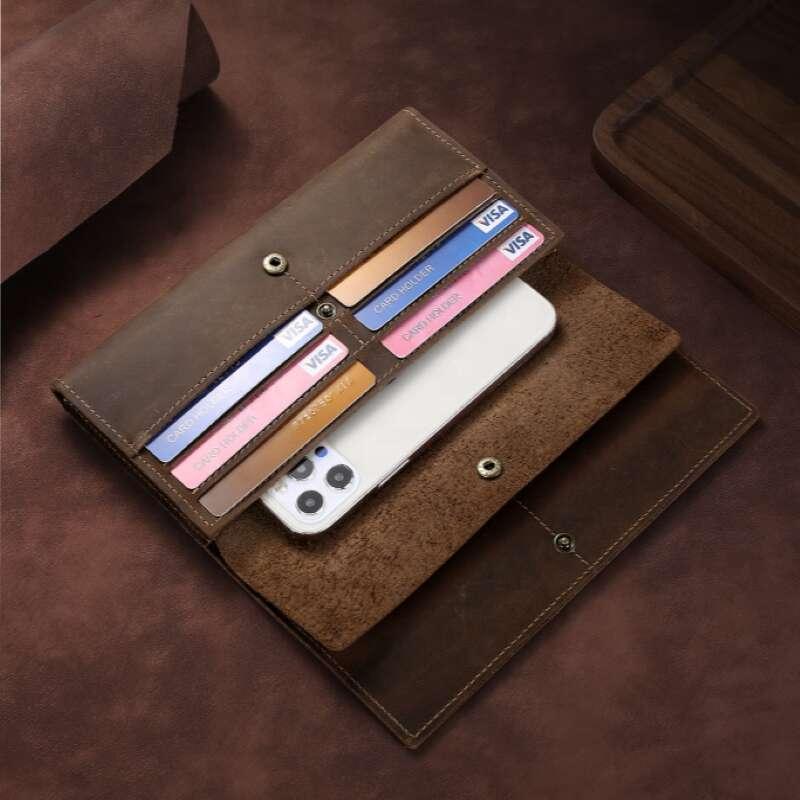 Men's Leather Long Wallet Card Holder Vintage Crazy Horse Leather