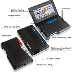 Men's Minimalist Metal Wallet Leather Bifold RFID Blocking Money Clip