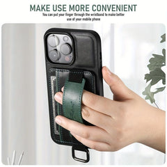 iPhone 14Pro PU Leather Case Cover with Wrist Strap & Card Holder